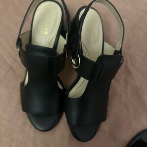 Cole Hahn Black Open-Toe  Block leather Heels w/ Gold Buckle size 5 1/2
